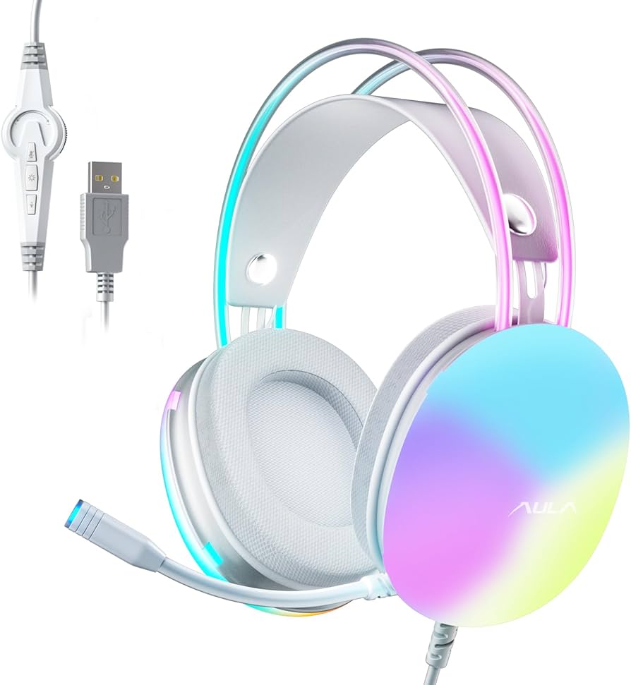 GM Gaming Headset with Mic for PC, RGB Rainbow Backlit Headphone, Virtual 7.1 Surround Sound, 50mm Driver, Soft Memory Earmuffs, Wired Laptop Desktop Computer Headset