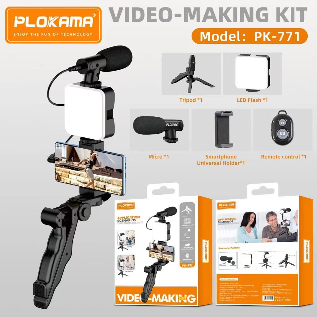 Plokama Pk-771 4-in-1 Vlogging Kit Compatible with All Phones & Cameras with Remote, Mic, Mini Tripod Stand, LED Light & Phone Holder Clip for Live Broadcasting, Video Calling, Video Making Kit.