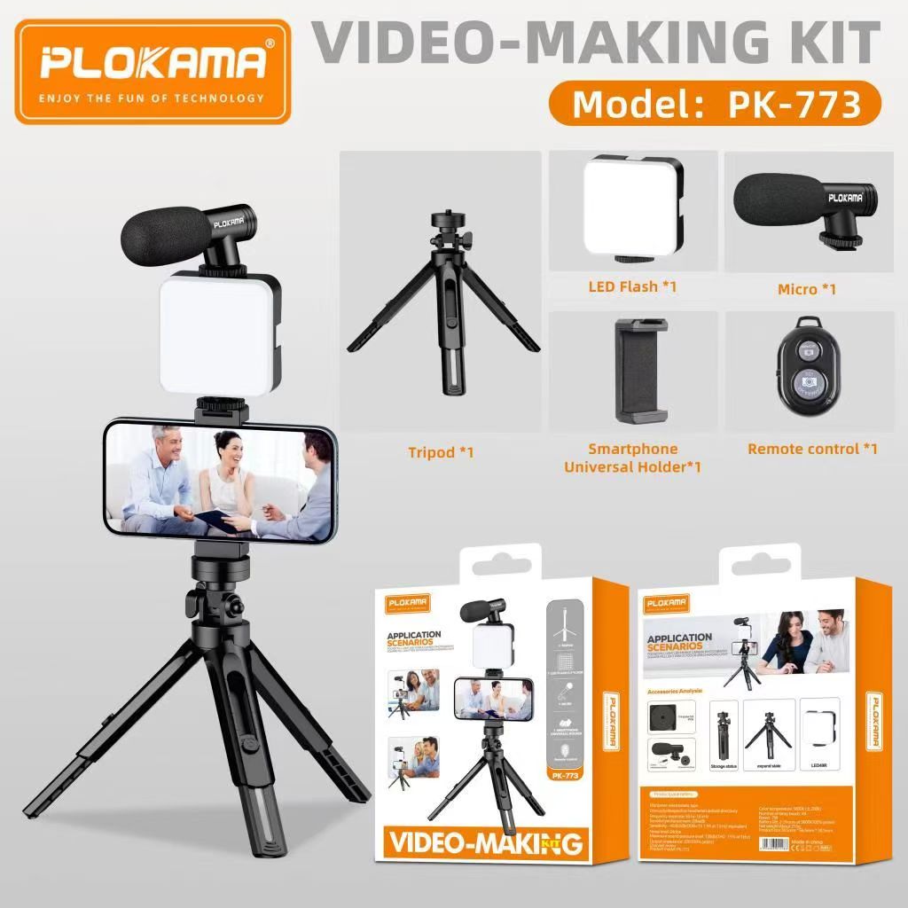 Vlogging Kit Plokama Pk-773 for Video Making with Bluetooth Remote, Mic, Mini Tripod Stand, LED Light & Phone Holder Clip for Making Videos and Content Creation